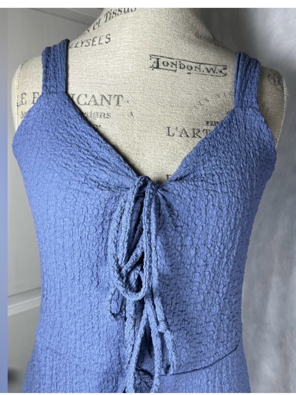 NwOT Anthropologie - See You Monday Light Blue Tie-Front Textured Jumpsuit - Picture 3 of 7